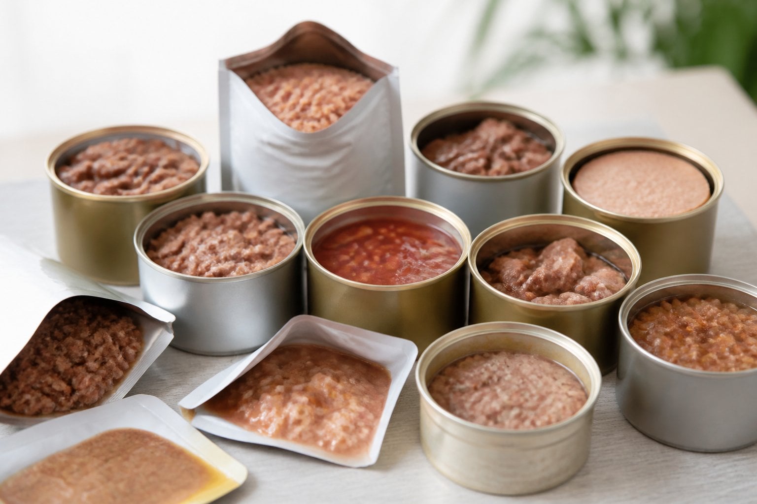 An assortment of various opened cat food cans and pouches showing different types of wet cat food on a clean surface.