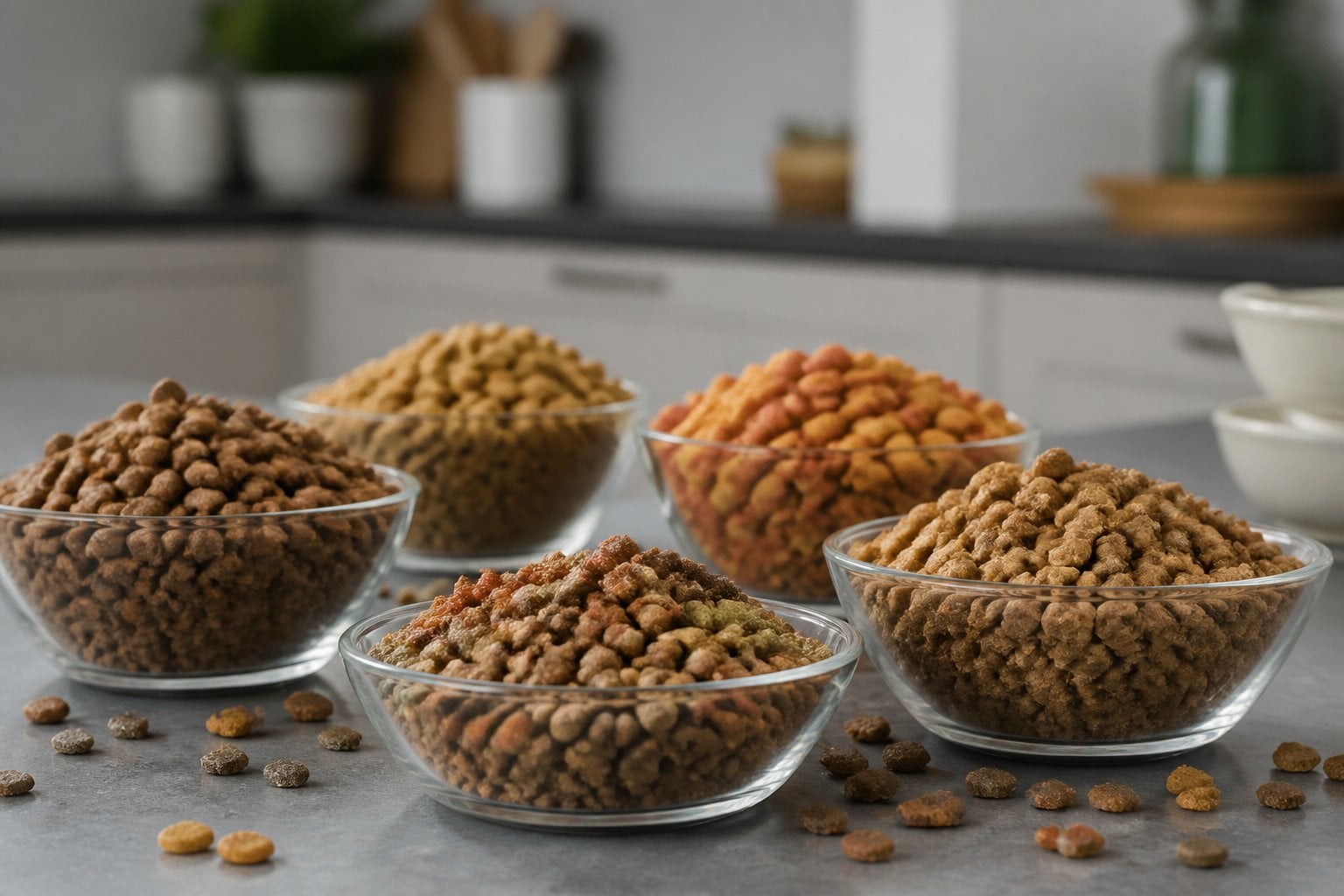 Close-up of several bowls filled with dry cat food kibble on a kitchen countertop.