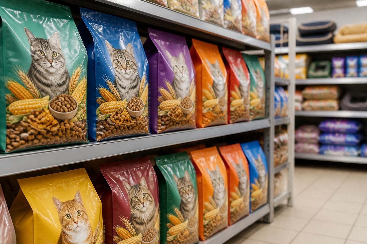 Supermarket aisle with shelves stocked with various dry cat food bags, some showing images of grains.