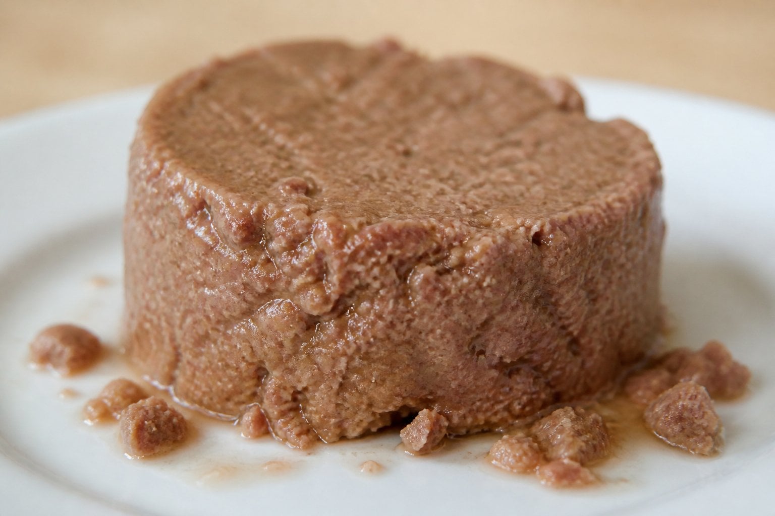 A close-up of a moist loaf-style wet cat food served on a white plate with a neutral background.