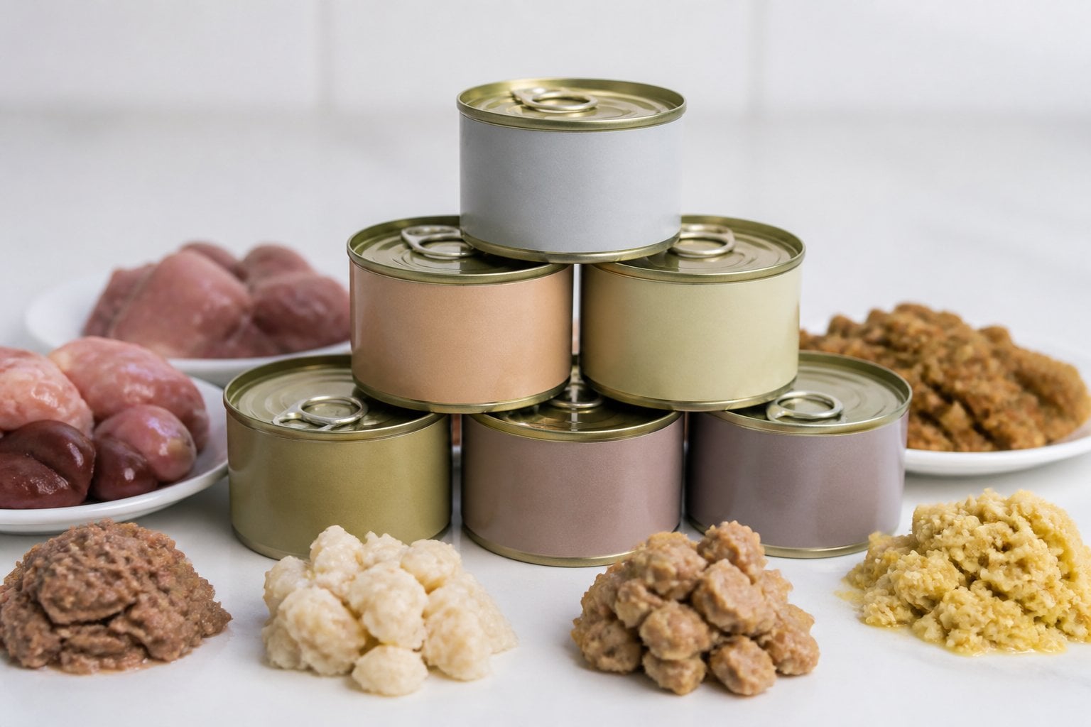 Several cans of unbranded cat food stacked on a white surface with a plain background.
