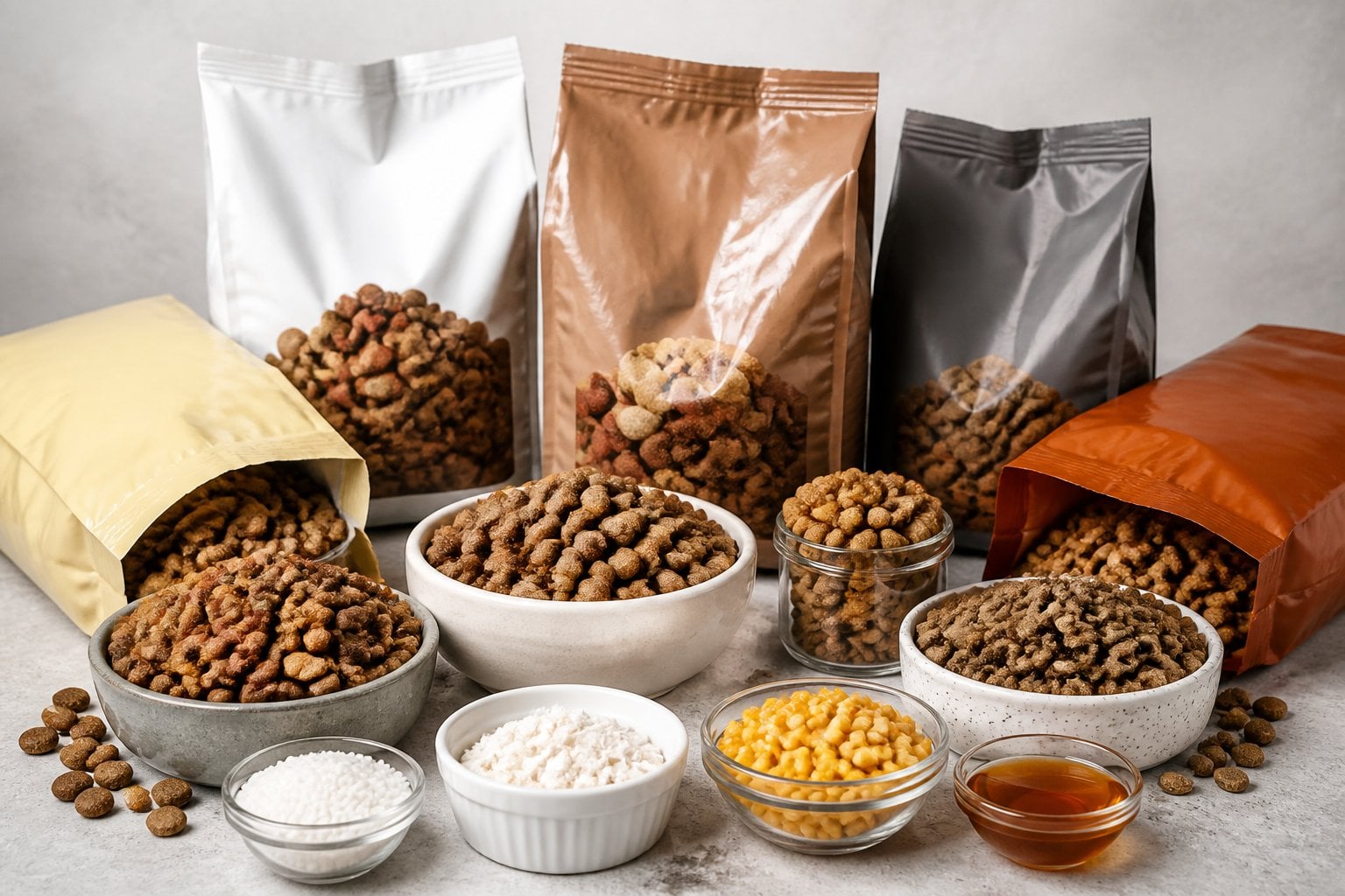 Several bags and bowls of dry cat food with visible kibble pieces, arranged on a clean surface.