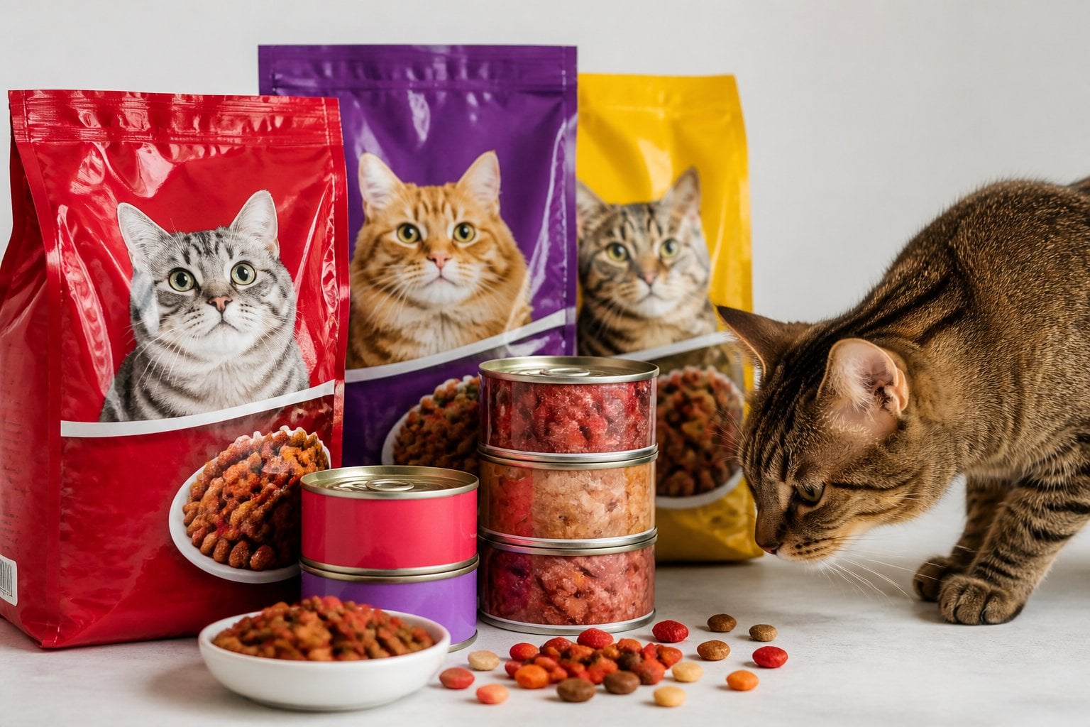 A variety of colorful cat food packages with visible artificial color additives and a domestic cat nearby.