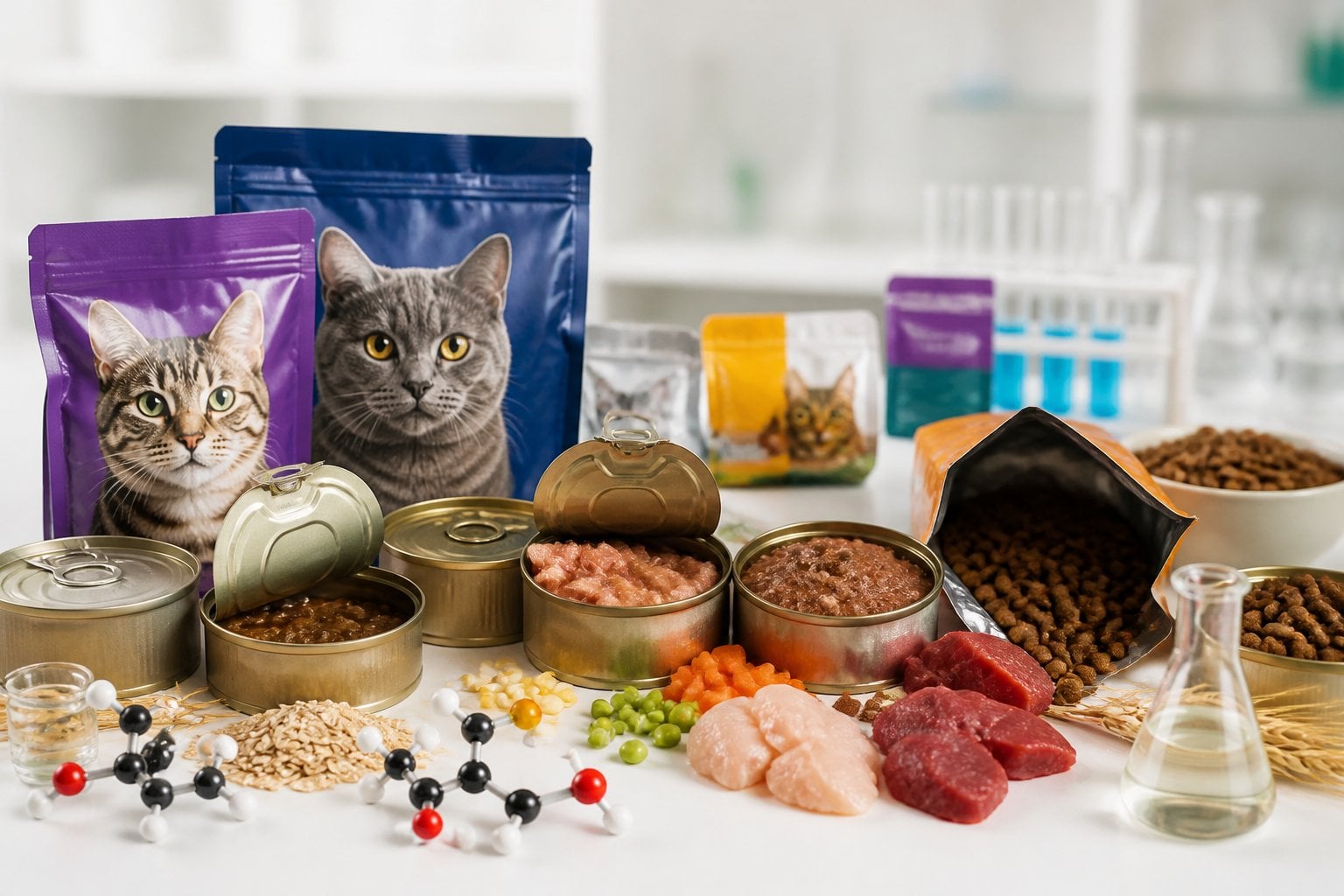Various cat food cans and bags arranged with small laboratory glassware nearby on a white surface.