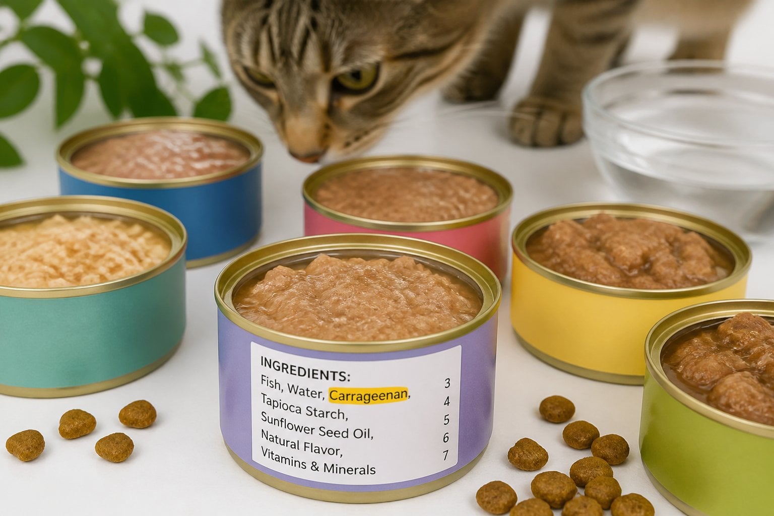 Several open cans of wet cat food on a white surface with a cat nearby, showing ingredient labels on the cans.