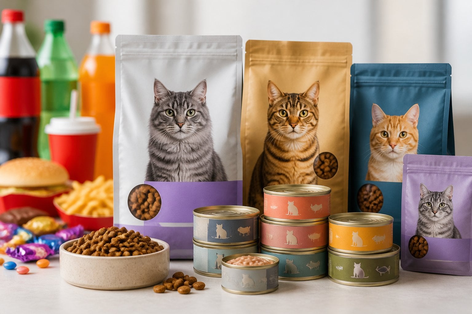 Various cat food products displayed on a surface with blurred junk-food items in the background.