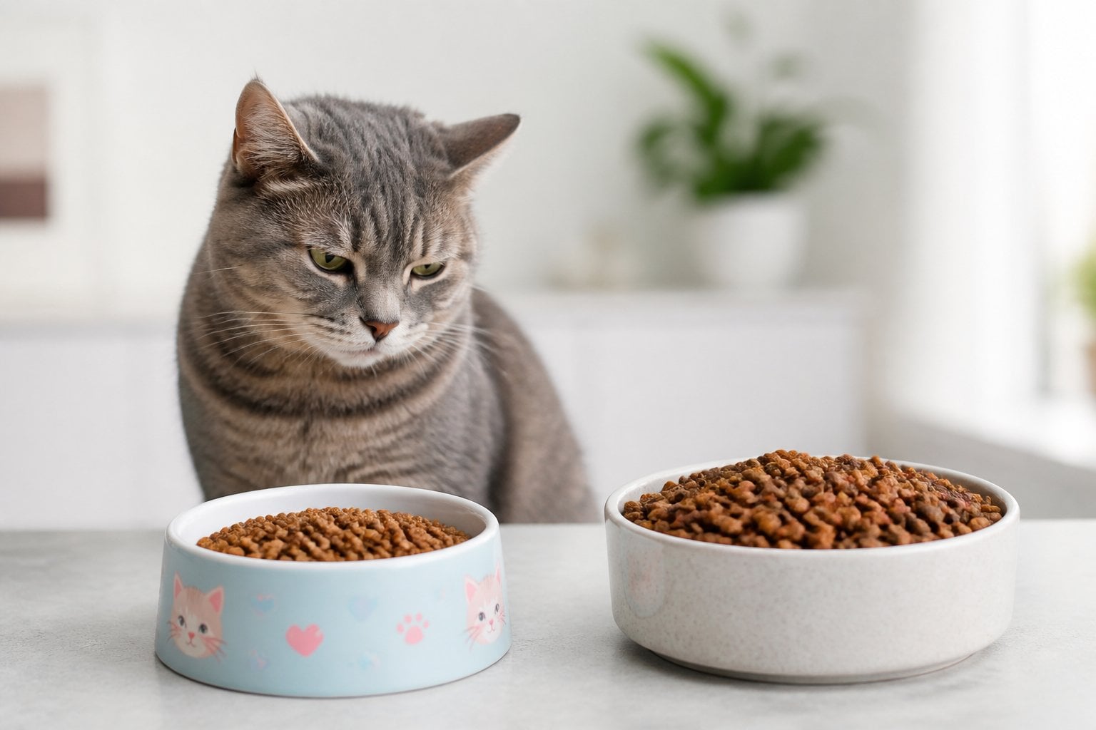 An adult cat looks uninterested near two bowls of cat food, one with soft kitten food and the other with adult cat food, on a clean surface.