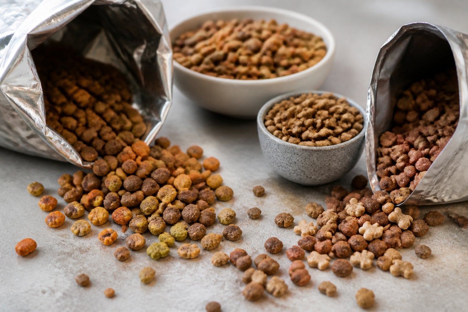 Open bags and bowls of dry cat kibble scattered on a surface with kibble pieces visible.