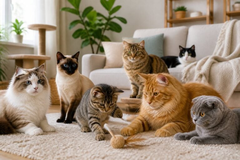 A group of different cat breeds calmly sitting and playing together in a cozy living room.