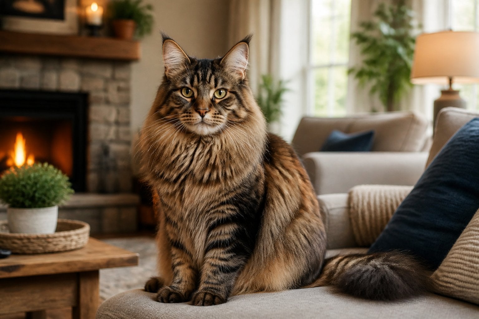 A Maine Coon cat sitting in a cozy living room with warm lighting and comfortable furniture.