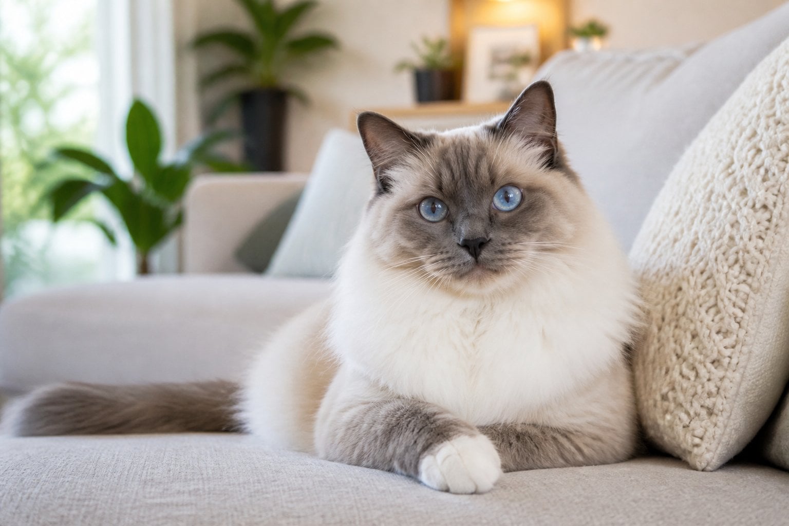 A Ragdoll cat with blue eyes sitting on a sofa in a cozy living room.