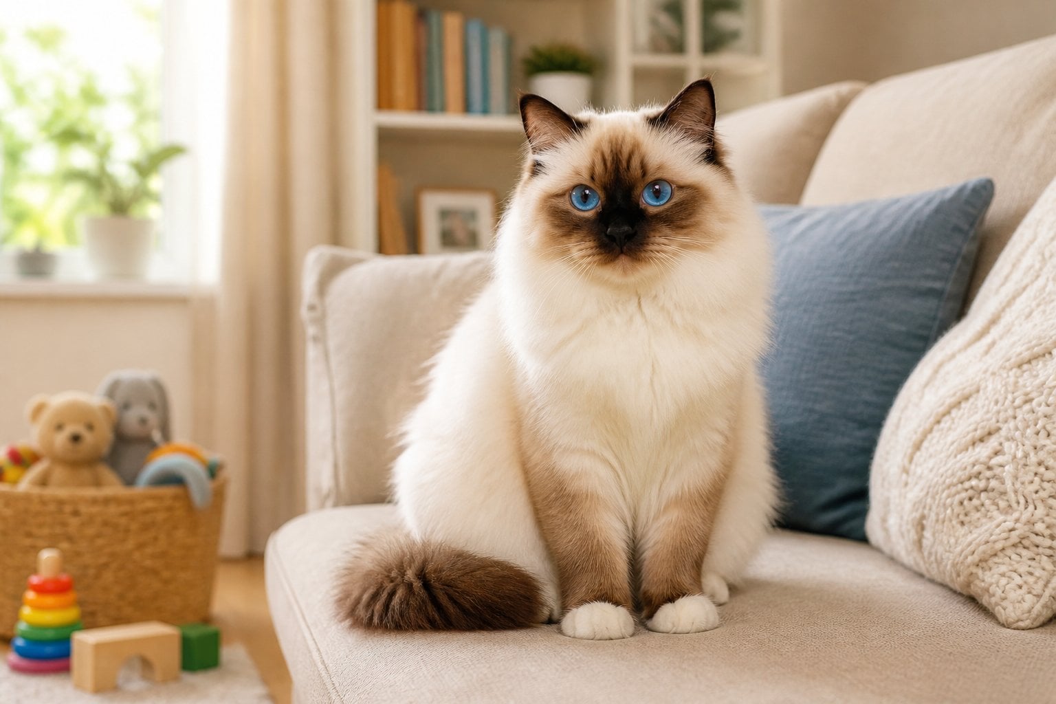 A Birman cat with blue eyes sitting on a sofa in a cozy family living room.