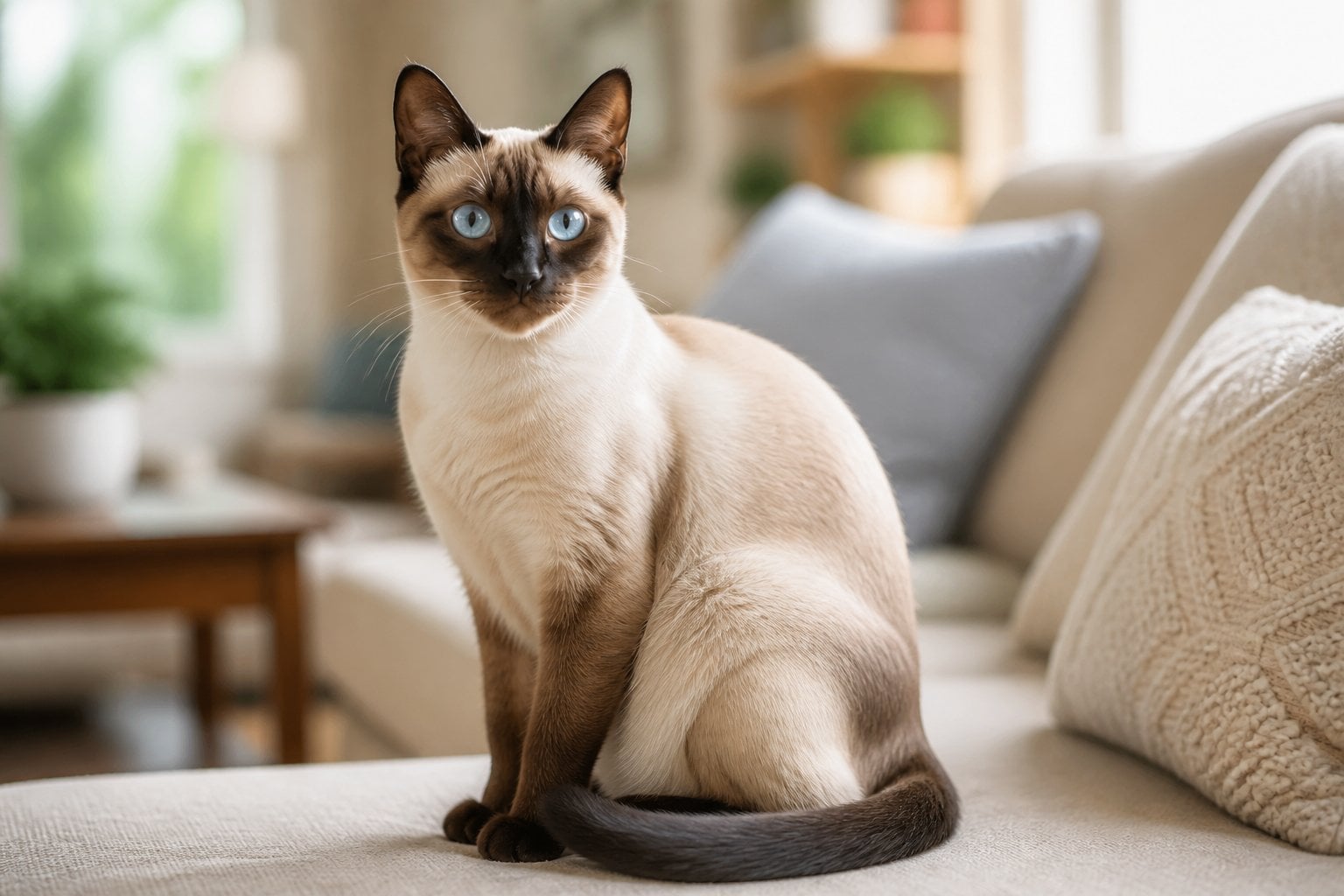 A Siamese cat with blue eyes sitting on a sofa in a cozy living room.