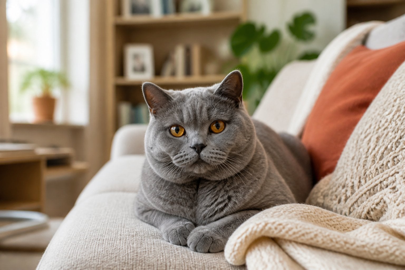 A British Shorthair cat sitting on a couch in a cozy home environment with natural light and household items in the background.