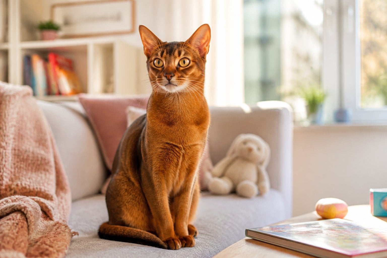 An Abyssinian cat sitting on a couch near a window in a cozy family home with soft toys and books nearby.