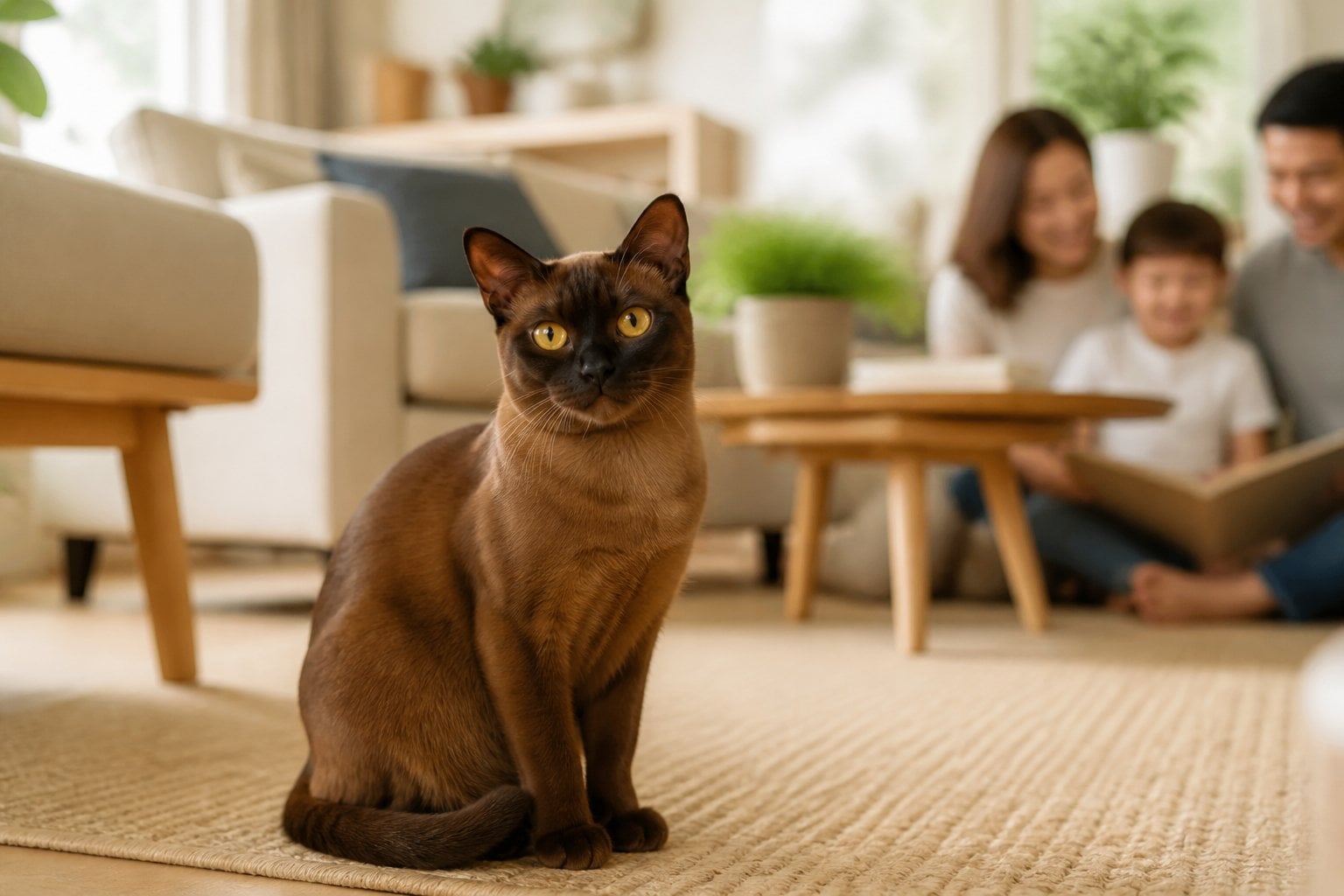 A Burmese cat with a brown coat and golden eyes sitting in a cozy family living room.