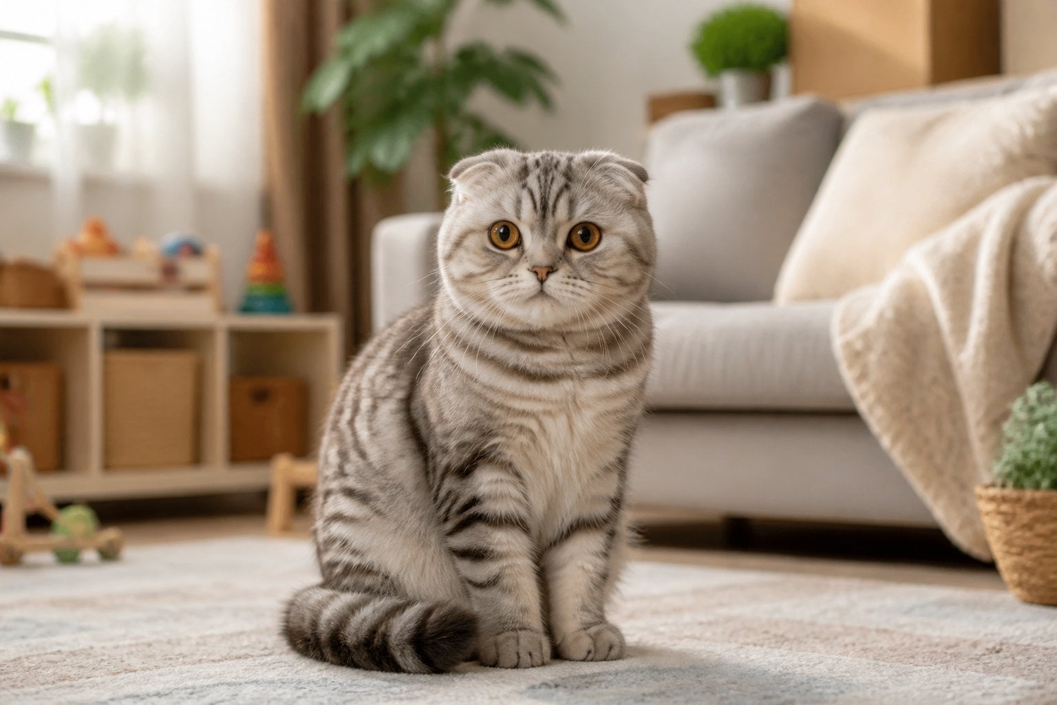 A Scottish Fold cat with folded ears sitting calmly in a cozy family living room.