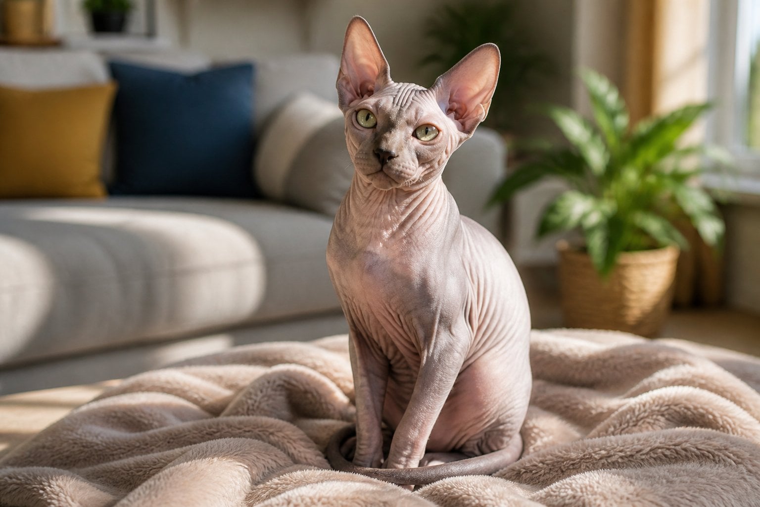 A hairless Sphynx cat sitting on a blanket in a bright living room with a sofa and plants in the background.