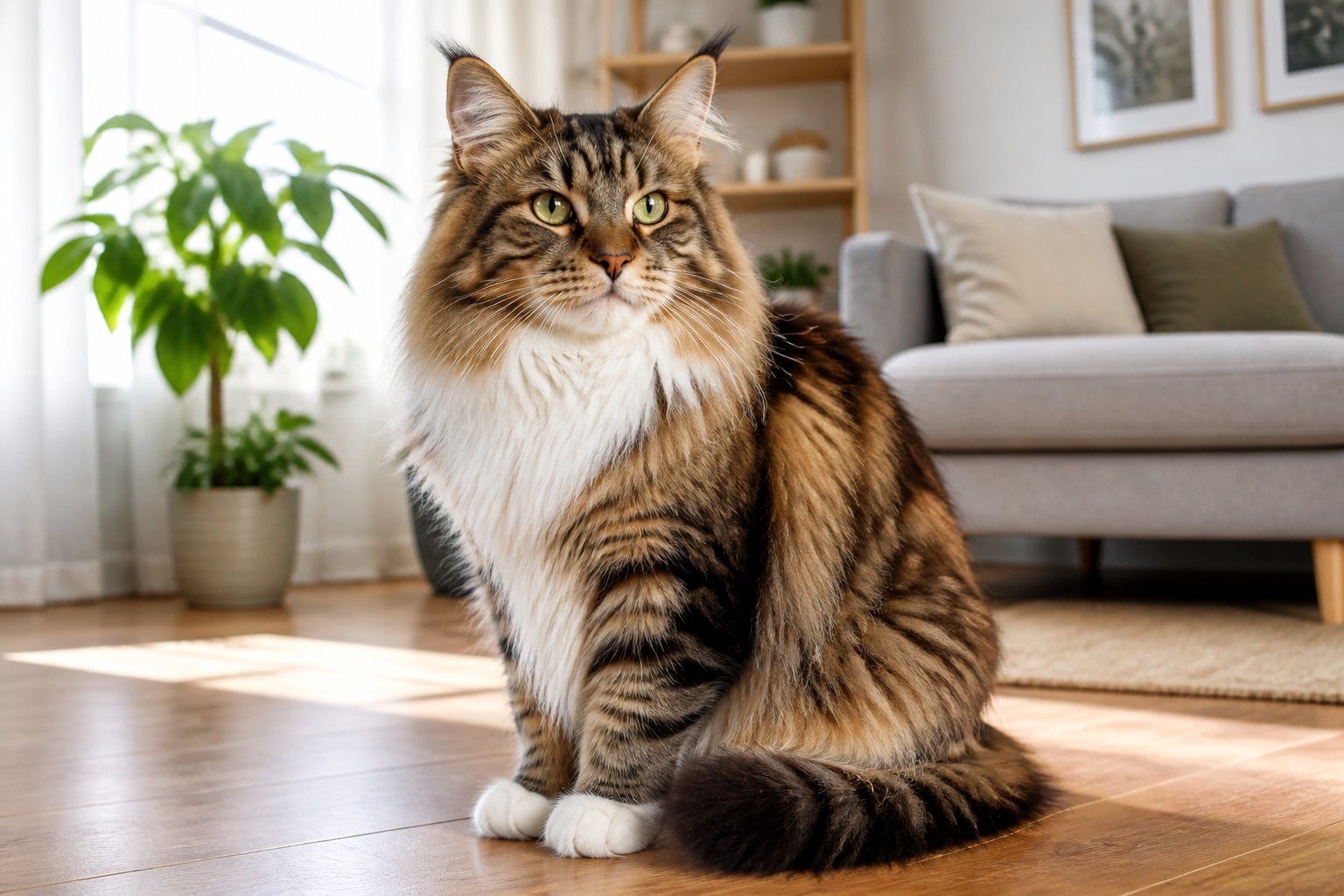 A Norwegian Forest Cat with thick fur sitting on a wooden floor in a cozy living room with natural light.