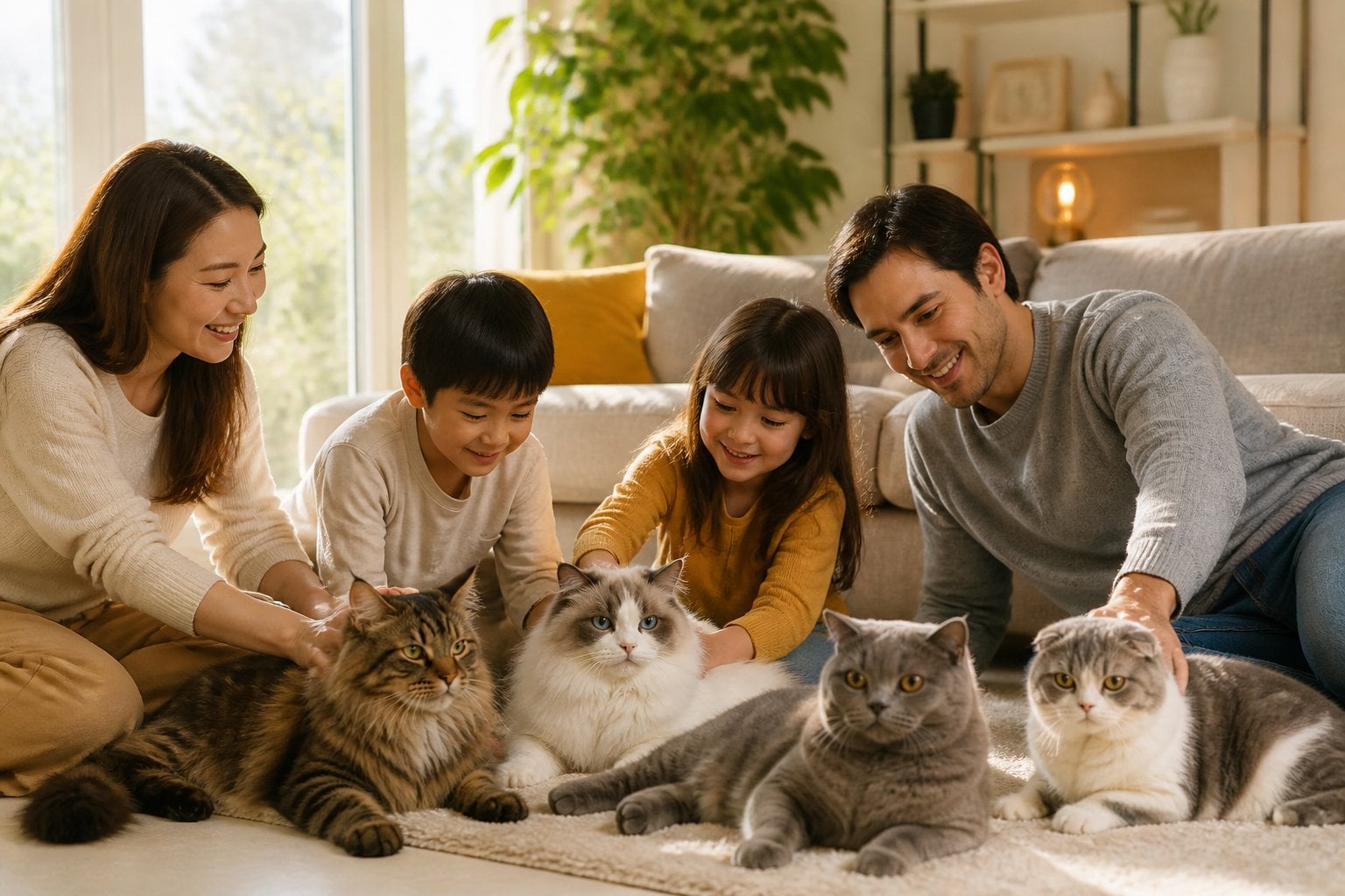 A family with children gently petting and playing with several different cat breeds in a bright, cozy living room.