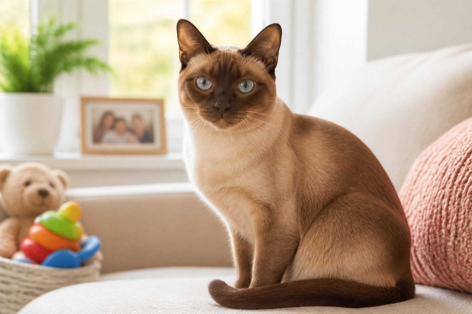 A Tonkinese cat sitting on a couch in a sunlit family living room with soft toys and a family photo in the background.