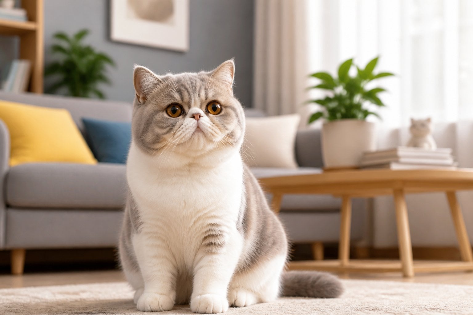 An Exotic Shorthair cat sitting in a cozy living room with a sofa and plants, looking calm and relaxed.