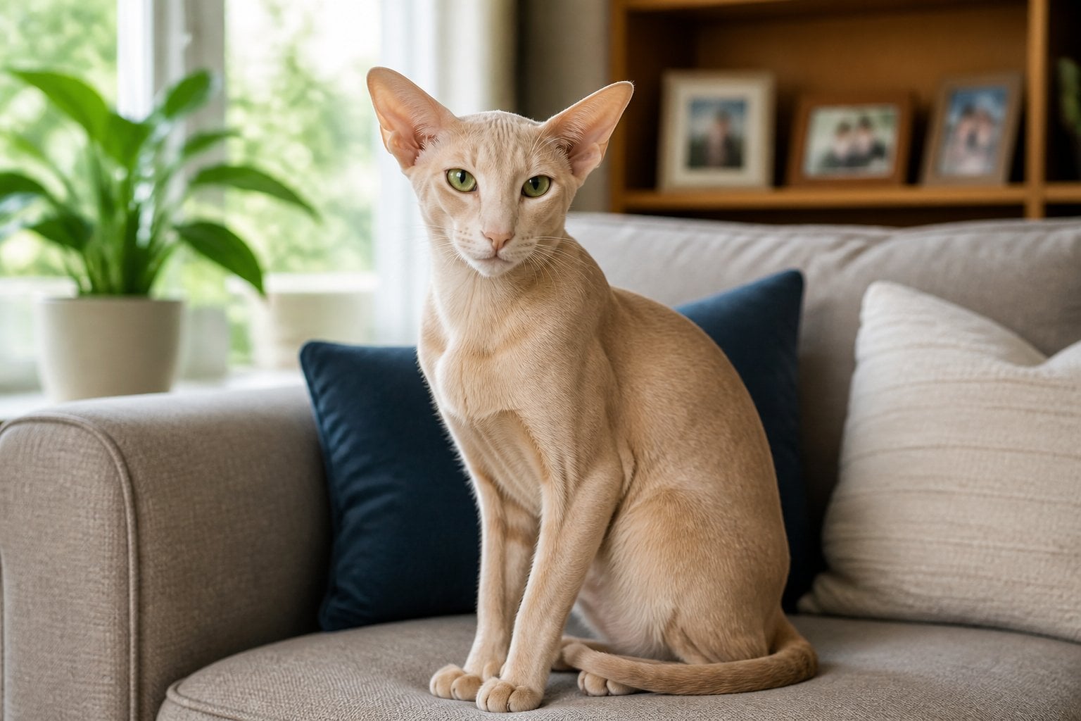 An Oriental Shorthair cat sitting on a couch in a cozy family living room with natural light and home decor in the background.
