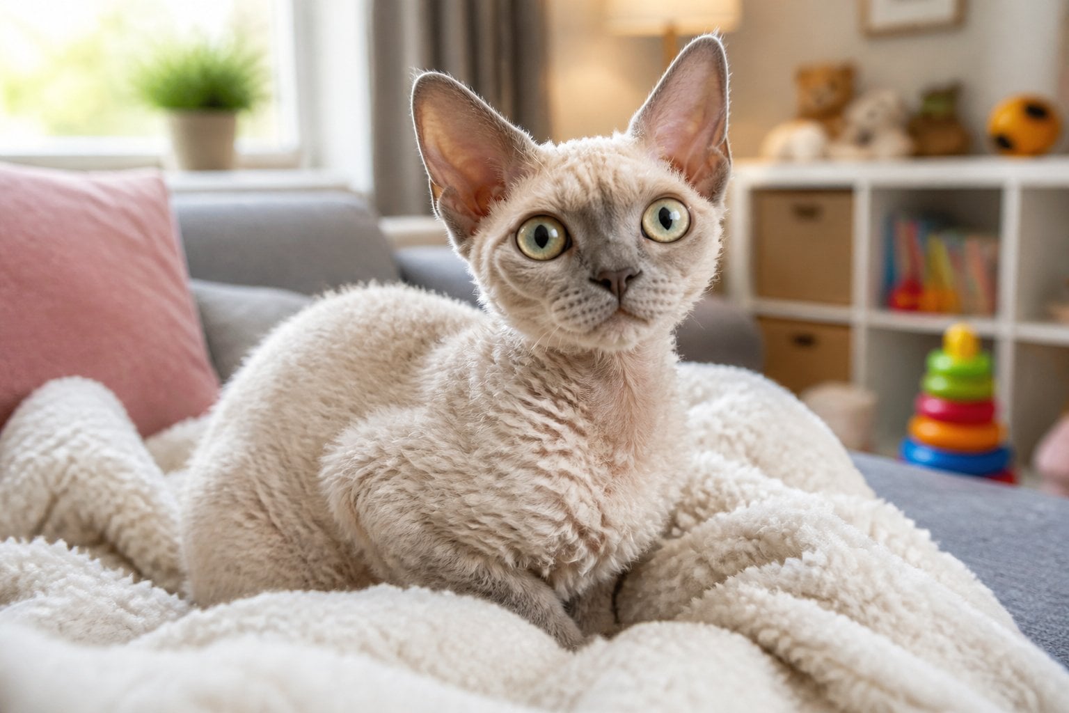 A Devon Rex cat sitting comfortably in a cozy family living room with natural light.