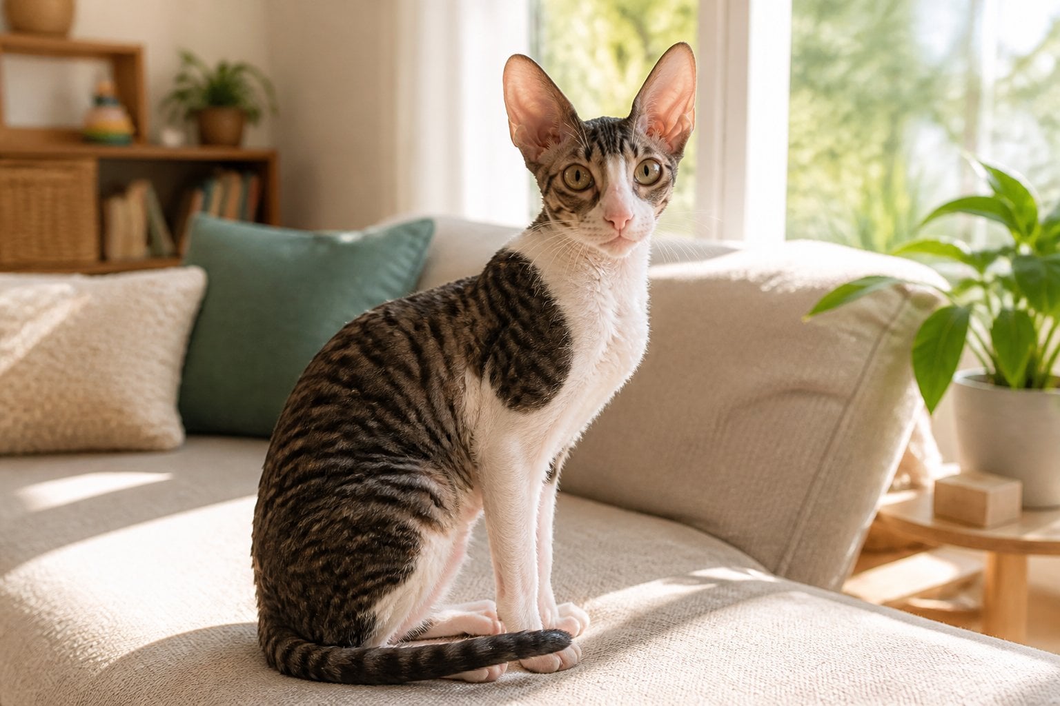 A Cornish Rex cat sitting on a couch in a sunlit family living room with toys and plants nearby.