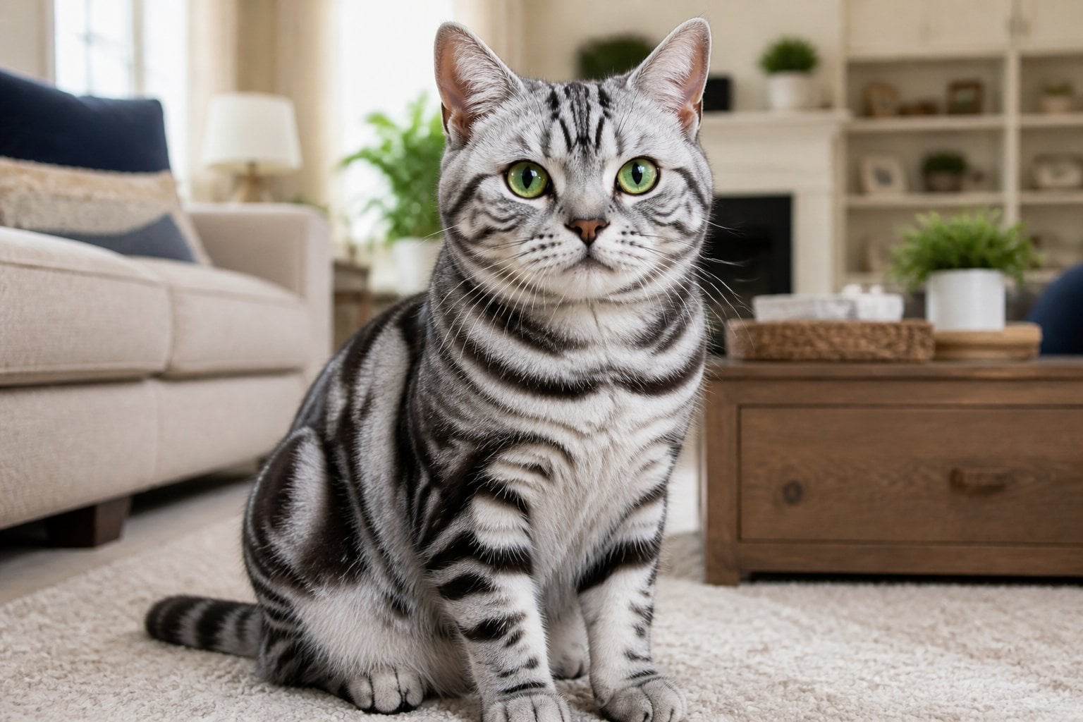 An American Shorthair cat with silver tabby stripes sitting in a cozy living room.