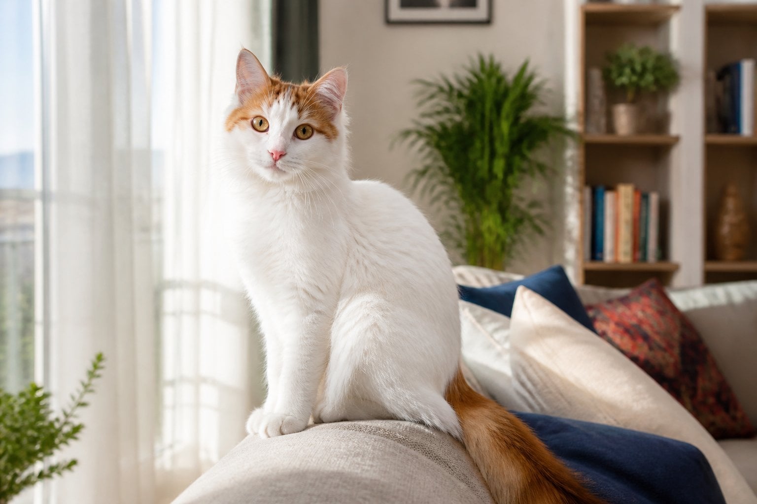 A Turkish Van cat sitting on a couch near a sunny window in a cozy living room.