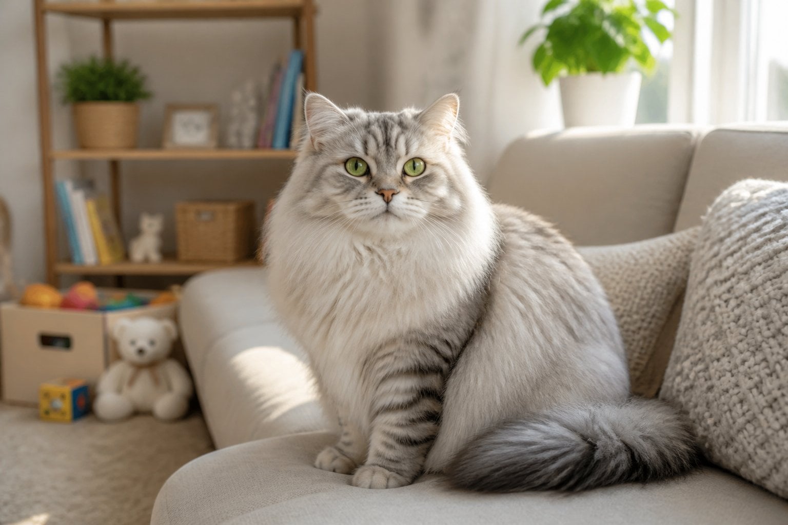 A fluffy Siberian cat sitting on a cozy couch in a sunlit living room with family-friendly surroundings.