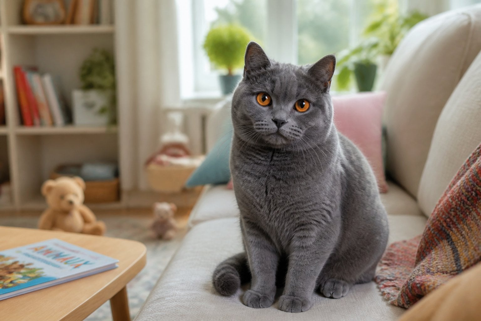 A Chartreux cat sitting on a couch near a window in a cozy family living room.