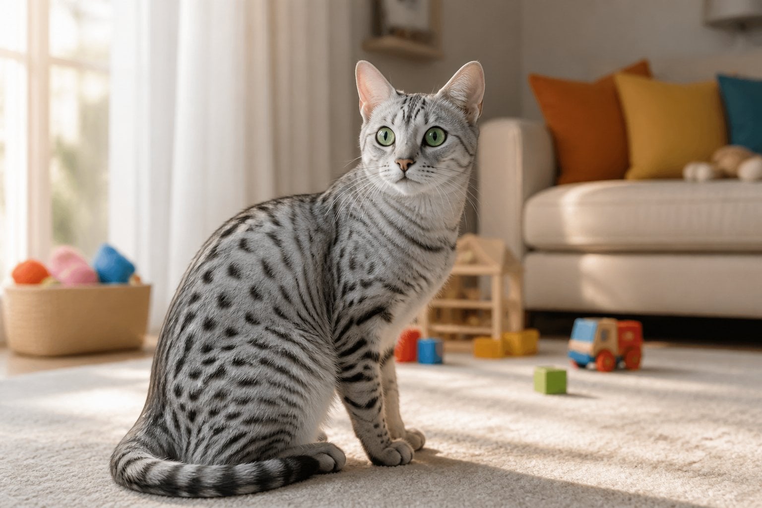 An Egyptian Mau cat with a spotted silver coat sitting on a rug in a sunlit living room with a sofa and children's toys in the background.