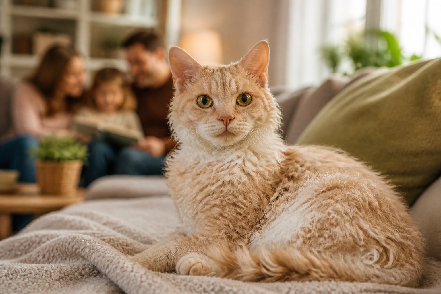 A LaPerm cat with curly fur sitting comfortably in a cozy family living room.