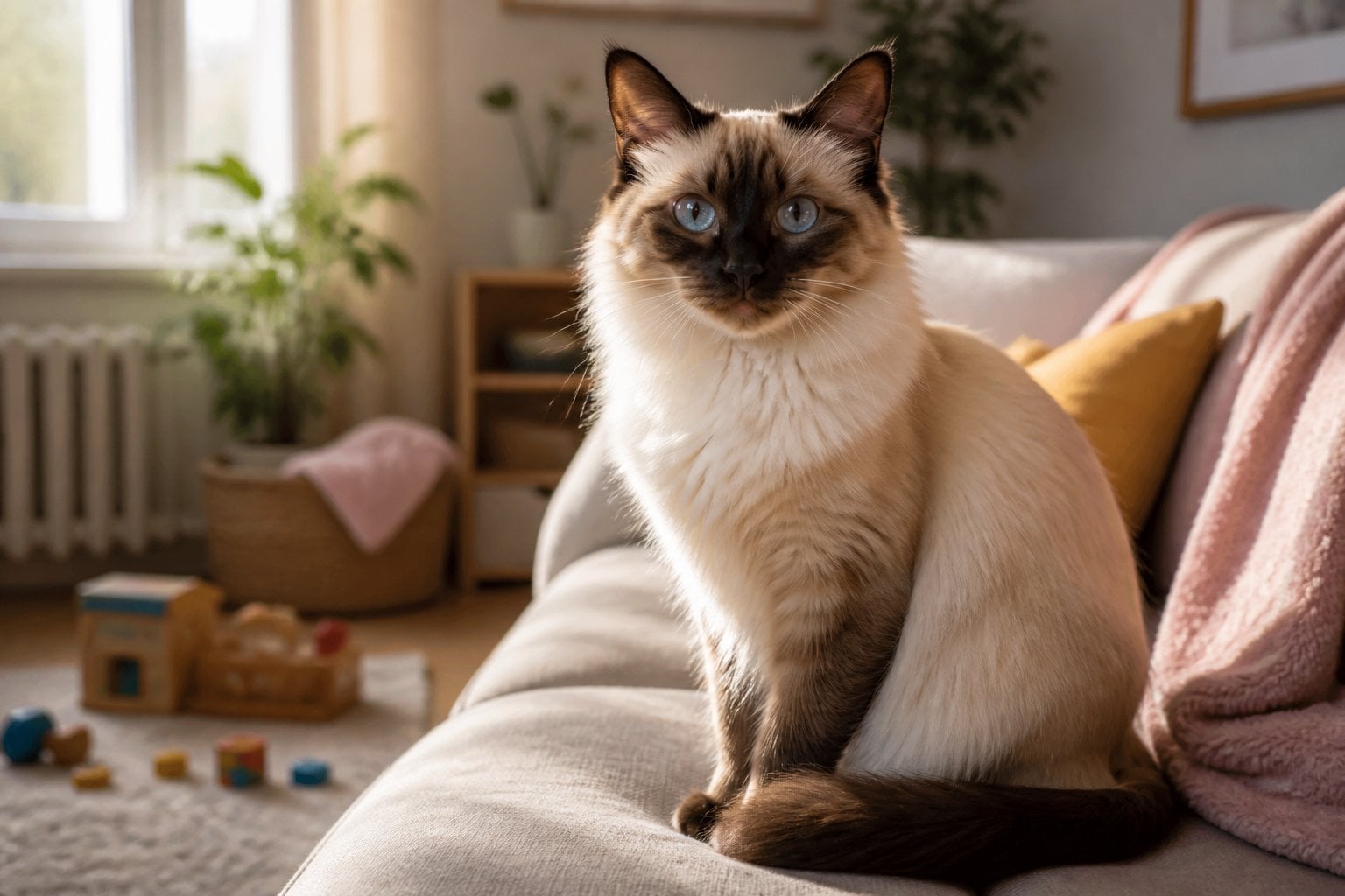 A Balinese cat sitting on a couch in a cozy family living room with toys and plants nearby.