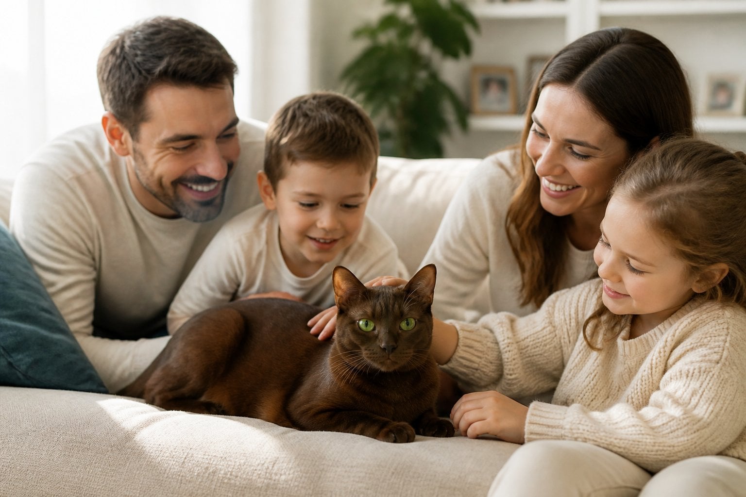 A Havana Brown cat sitting on a couch with a smiling family interacting gently around it in a cozy home.