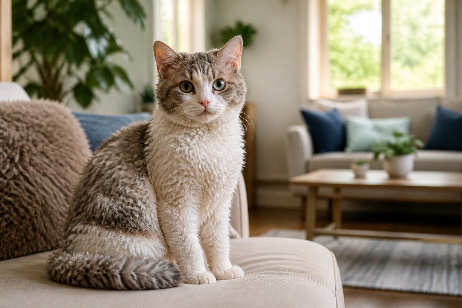 A Selkirk Rex cat with curly fur sitting in a cozy living room with natural light and houseplants.