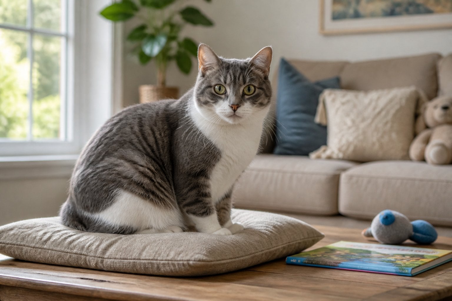 A Manx cat with a short tail sitting on a cushion in a cozy living room surrounded by family-friendly items.