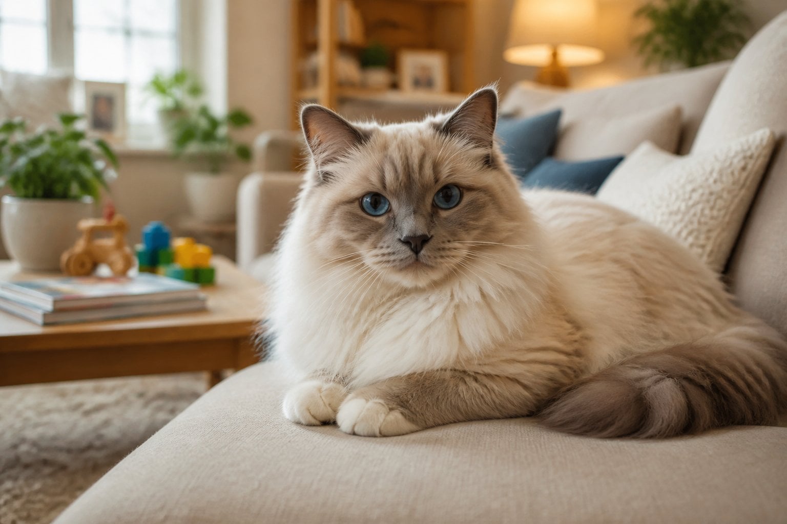 A fluffy Ragamuffin cat sitting comfortably on a sofa in a cozy family living room.