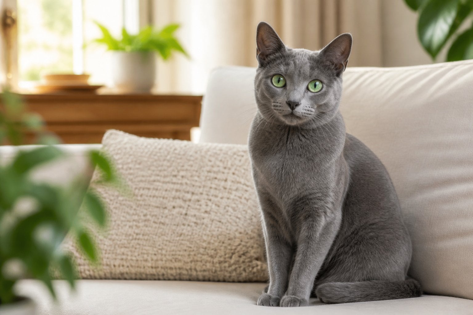 A Korat cat sitting on a couch in a cozy family living room with soft lighting and plants.
