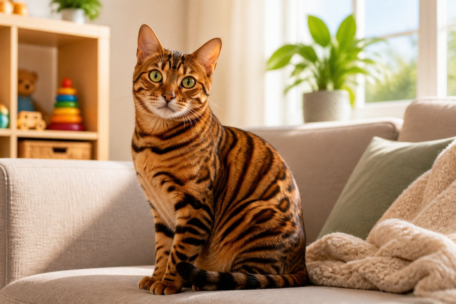 A Toyger cat sitting on a couch in a bright living room with sunlight and family items around.