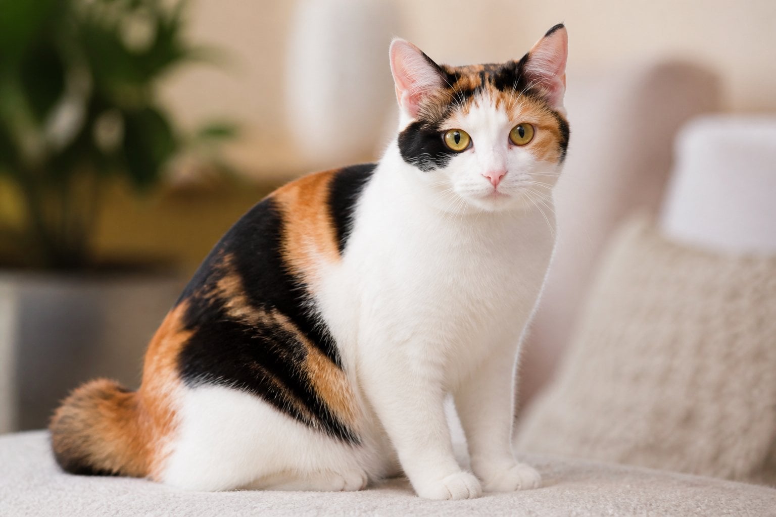 A Japanese Bobtail cat with a short tail and multicolored fur sitting calmly on a soft surface.