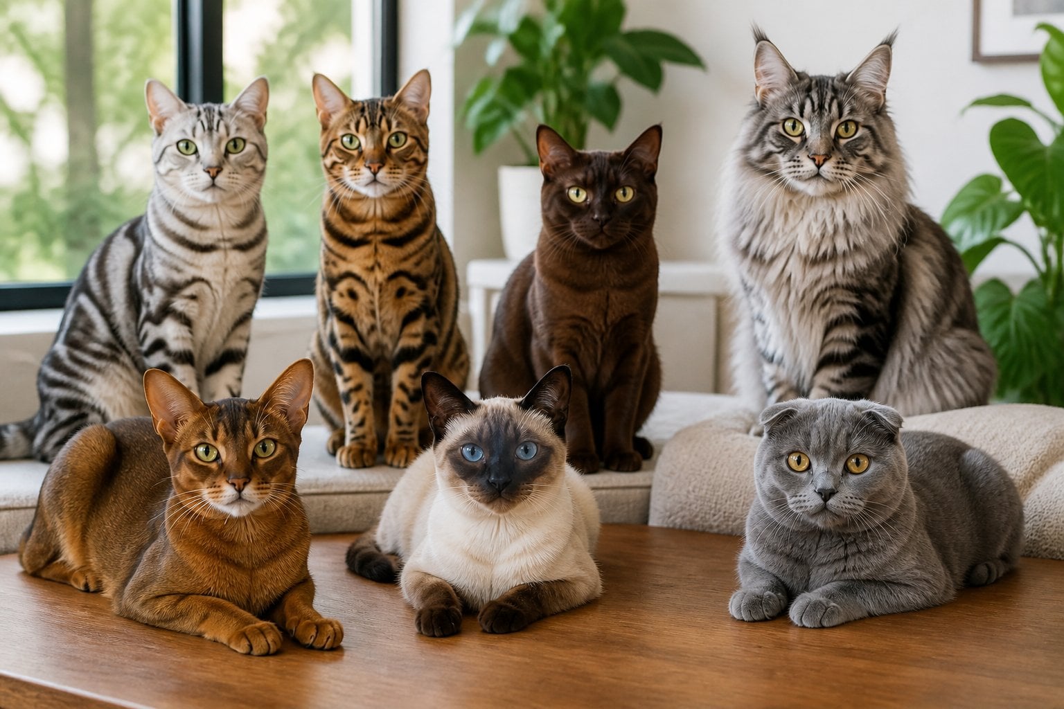 A group of various intelligent cat breeds sitting and lounging together in a bright room with natural light and plants.