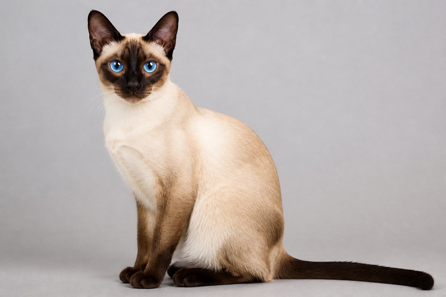 A Siamese cat with blue eyes sitting and looking alert against a plain background.