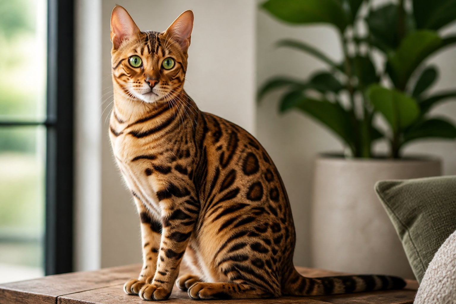 A Bengal cat with a spotted coat sitting on a wooden surface indoors, looking alert with green eyes.