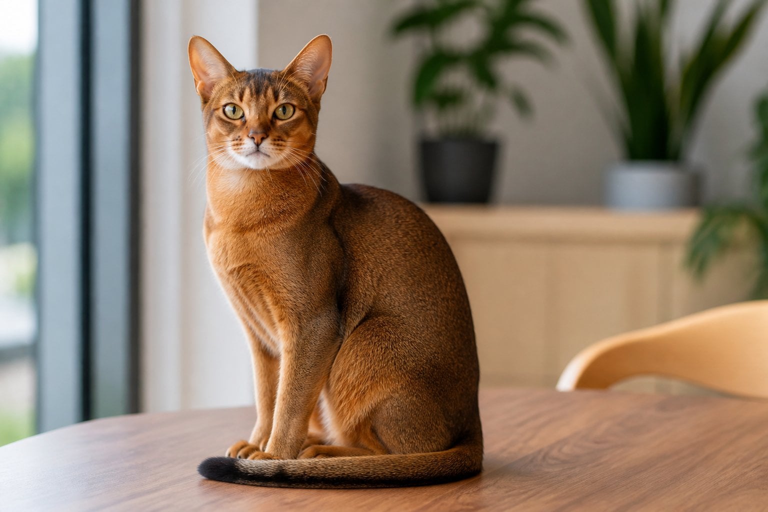 An Abyssinian cat sitting on a wooden table near a window, looking alert and attentive.