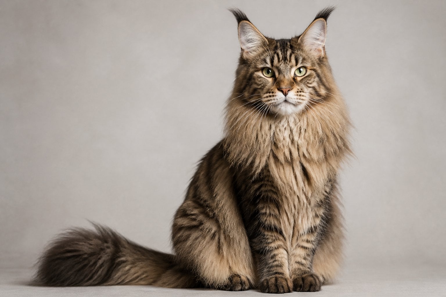 A Maine Coon cat with tufted ears and long fur sitting calmly against a plain background.
