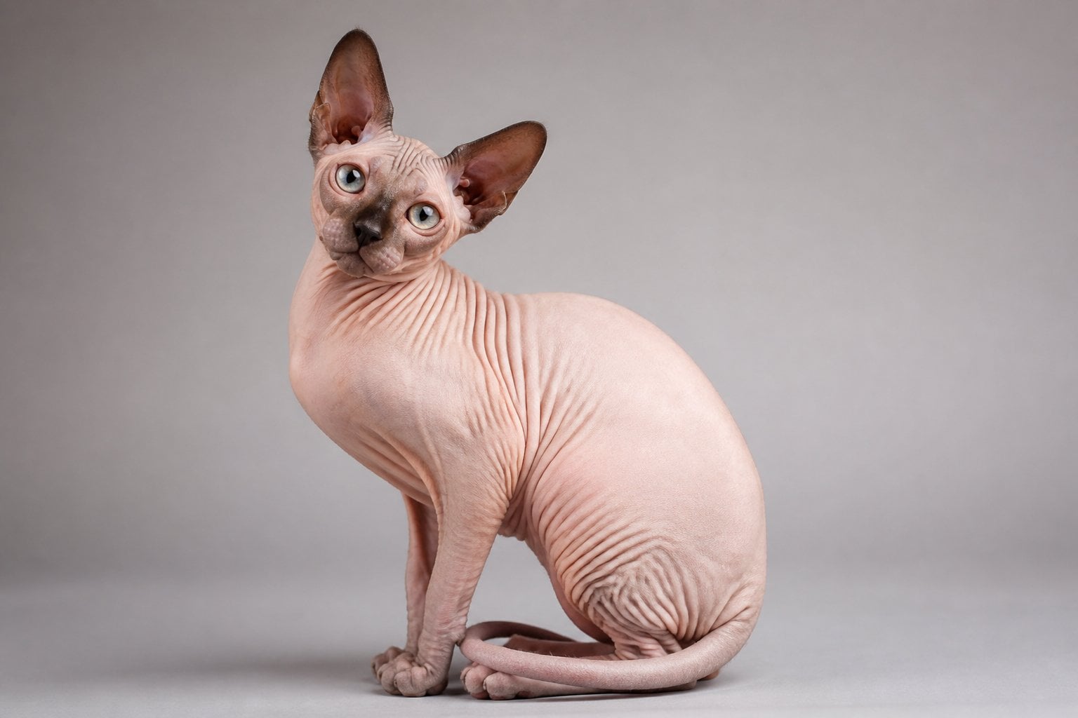 A hairless Sphynx cat sitting and looking attentively with large ears and wrinkled skin.