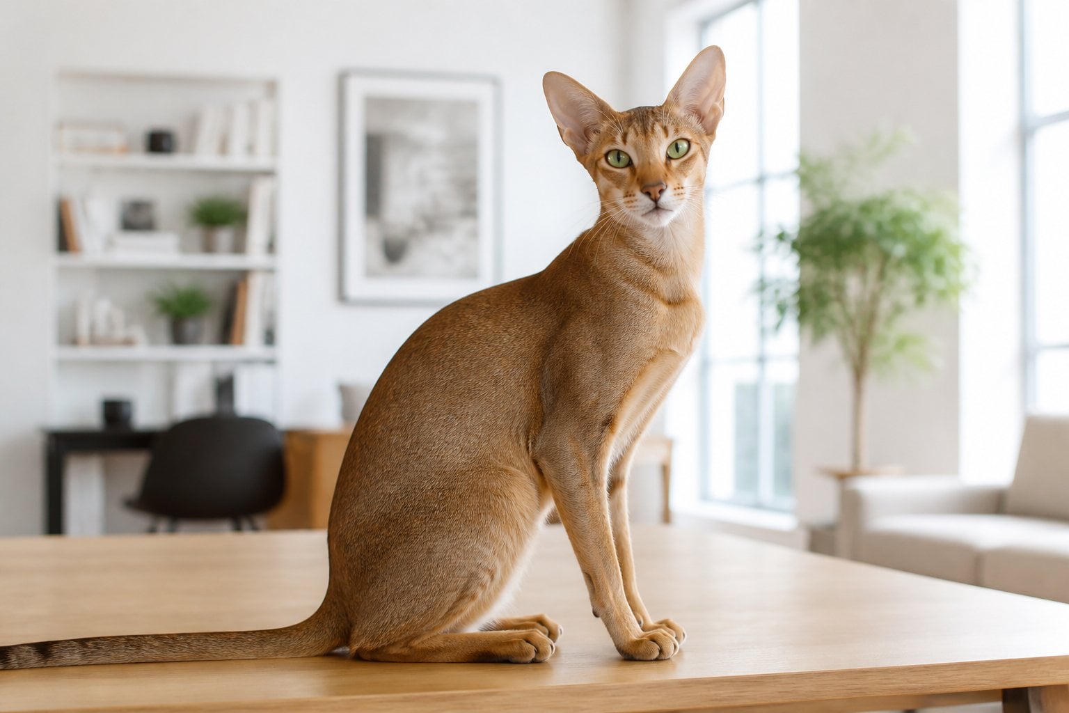 An Oriental Shorthair cat sitting on a wooden table in a bright living room with plants and shelves in the background.